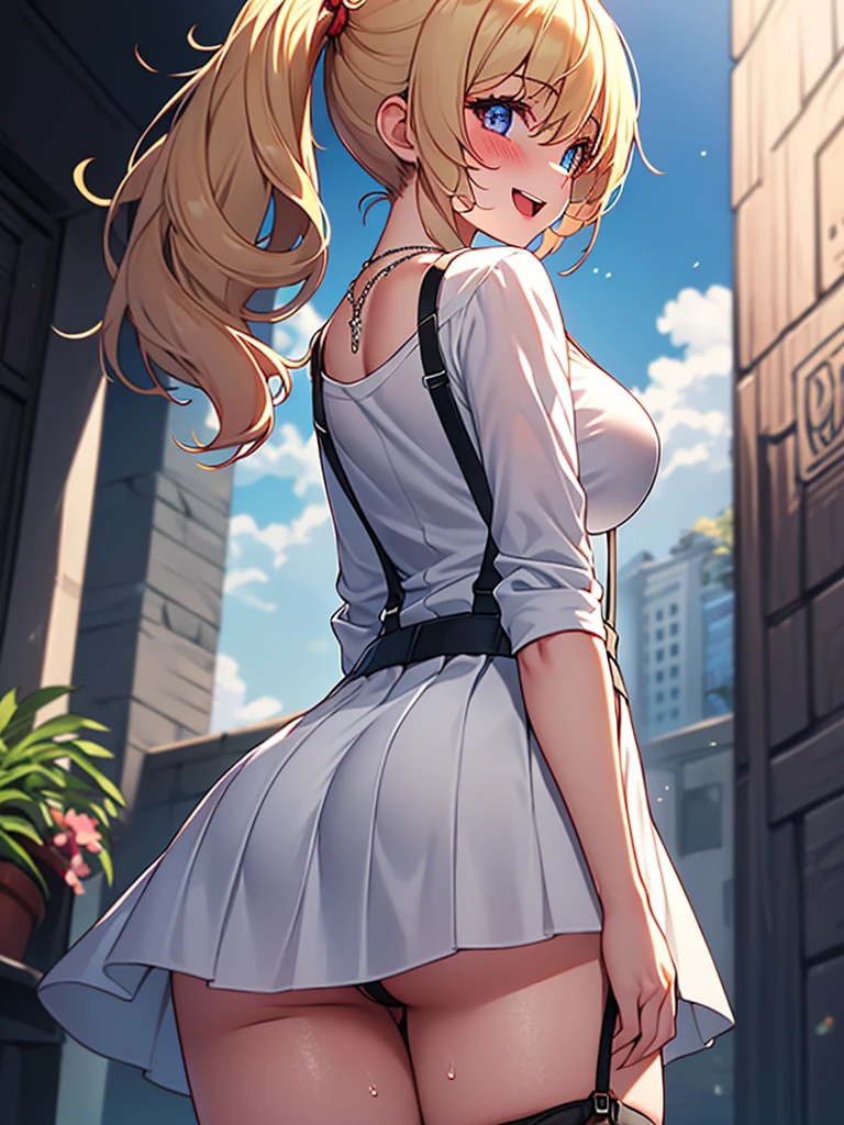  (highest quality, High resolution, perfect pixel, Depth of bounds written, 4K), from below, panty sho, detailed eyes, (1 girl), (from behind:1.5), perfect body, medium breasts, blond hair, (side ponytail), white t-shirt, see through, (v-neck), (black suspender skirt), waist, necklace, (standing), leaning forward, (arm behind head:1.2), (arms behind back:1.2), blush, seductive smile, open mouth, wet,