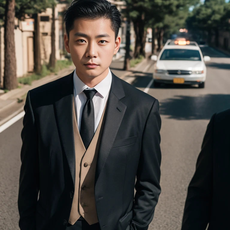 Asian man on the road,Suit, tuxedo, modern, exaggerated colors, 8K images, Shot with a high quality camera with 45000000000 pixels.