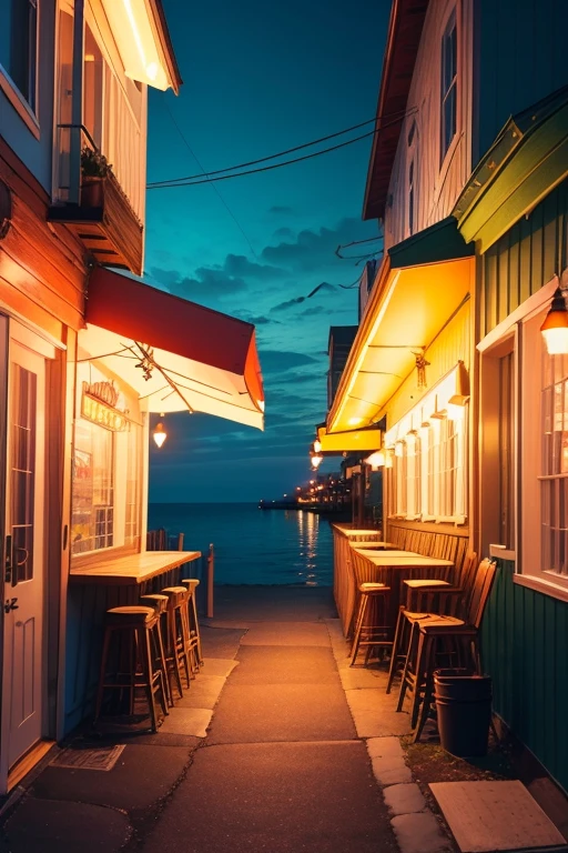 ((best quality)), ((masterpiece)), (detailed), Liminal space, dream core, nostalgia core, Anemoia, Kenopsia, Neo-Noir aesthetic, After Hours Aesthetic, Cyberpunk Aesthetic, Coastal seaside town, located in Maine, location based on Kennebunkport, Maine, location based on Wells, Maine, location based on Bar Harbor, Maine, location based on Annapolis, Maryland, location based on Ocean City Maryland, perfect shading, soft shading, soft colors, pastel colors, vivid colors