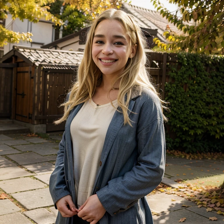 Emilia Clarke with dyed blonde hair in autumn weather dressed in casual clothes smiling
