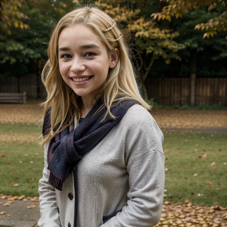 Emilia Clarke with dyed blonde hair in autumn weather dressed in casual clothes smiling
