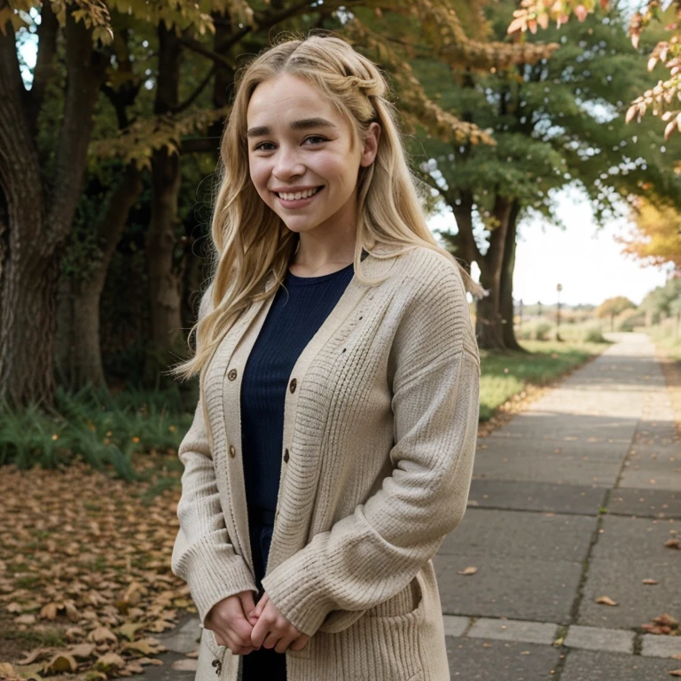 Emilia Clarke with dyed blonde hair in autumn weather dressed in casual clothes smiling