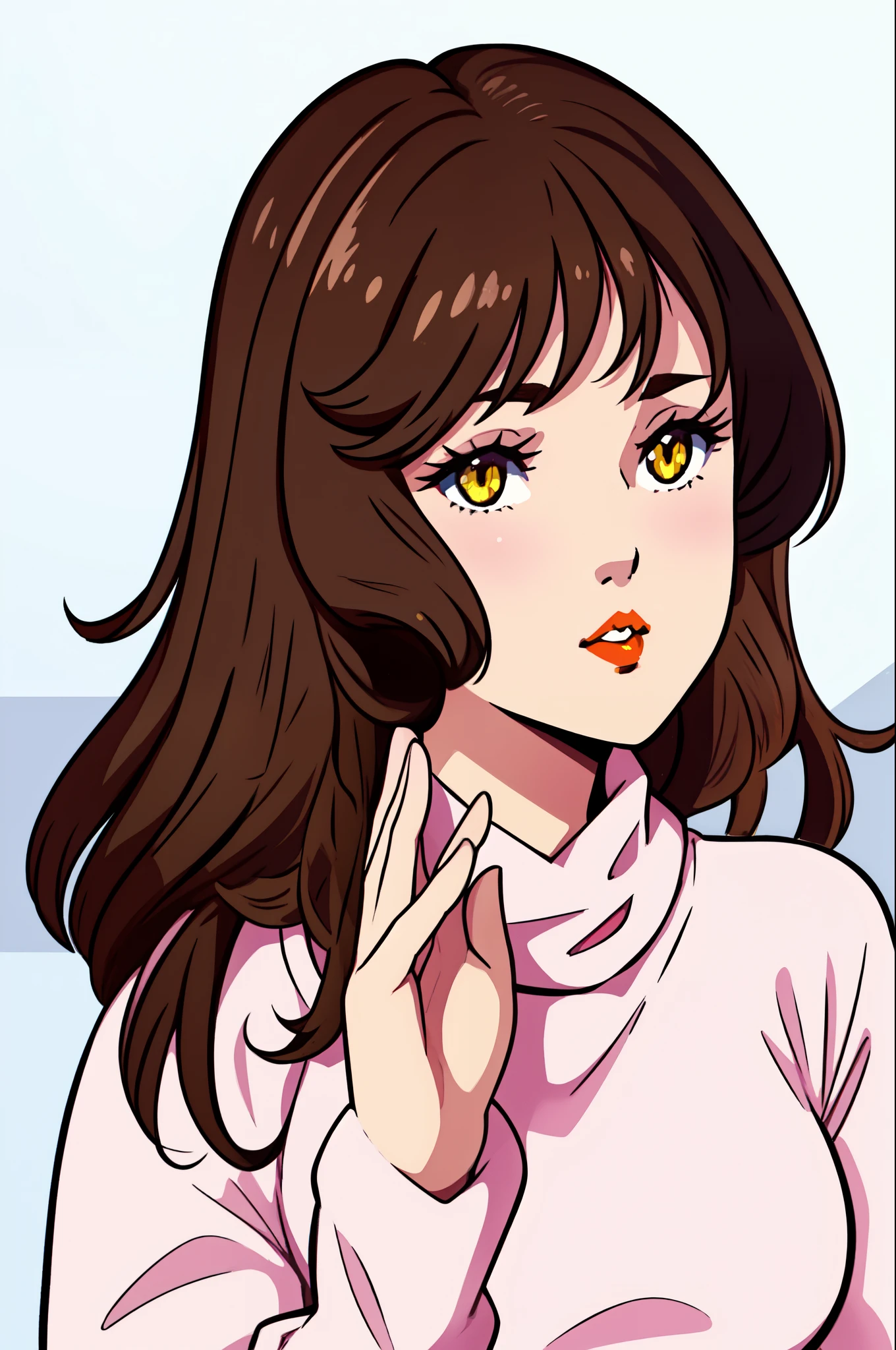 Girl, brown hair, yellow eyes, sharp features, white skin, pink lips, sweater