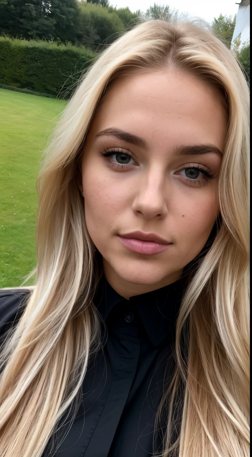 Une femme blonde de 23 ans, ((gros seins)), ((hyperréalisme)) ,. blonde hair with light brown roots. cheveux blond, Cheveux aux racines brunes, very long hair, very long hair, very long hair, beau, light lip injections, sourcils on-fleek moderne, vue de face, selfie, photo prise avec iPhone, elegant black shirt with escote, Coupe-bas, selfie dans le jardin, high quality, selfie iPhone, femme de 2024 moderne, clivage