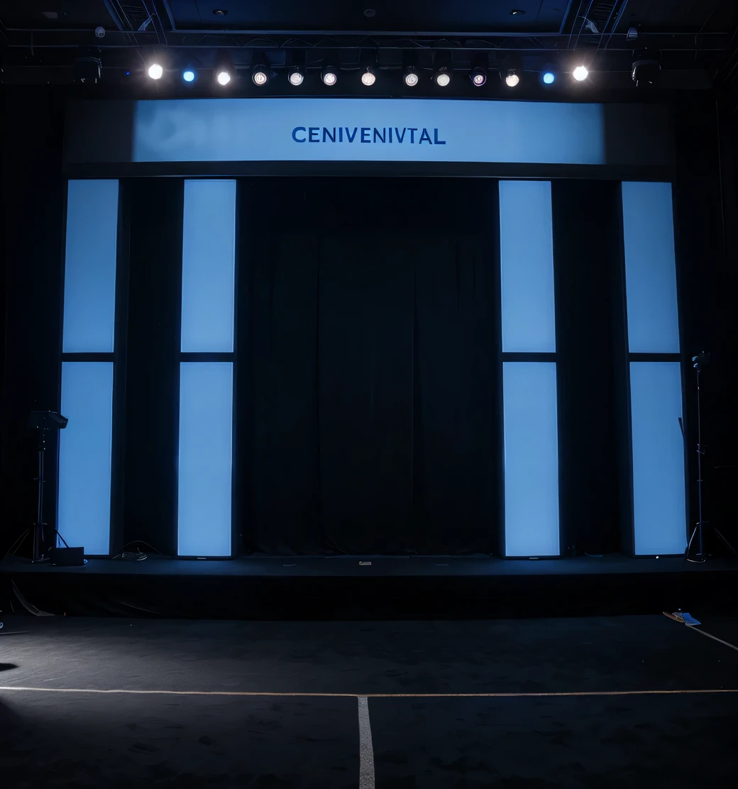 create a image photo realistic of darkness convention stage with vertical video walls blue screen