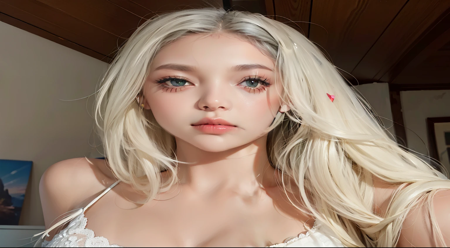 Christina Aguilera, NSFW, Hot, nude, naked, erotic, Photo of a 20-year-old blonde talker., who has a very natural face,  thin lips, fine eyes, pale white skin, huge breasts, vagina without veil, thin eyebrows, fine nose, earrings, long eyelashes. She takes a cute selfie in a cafe.