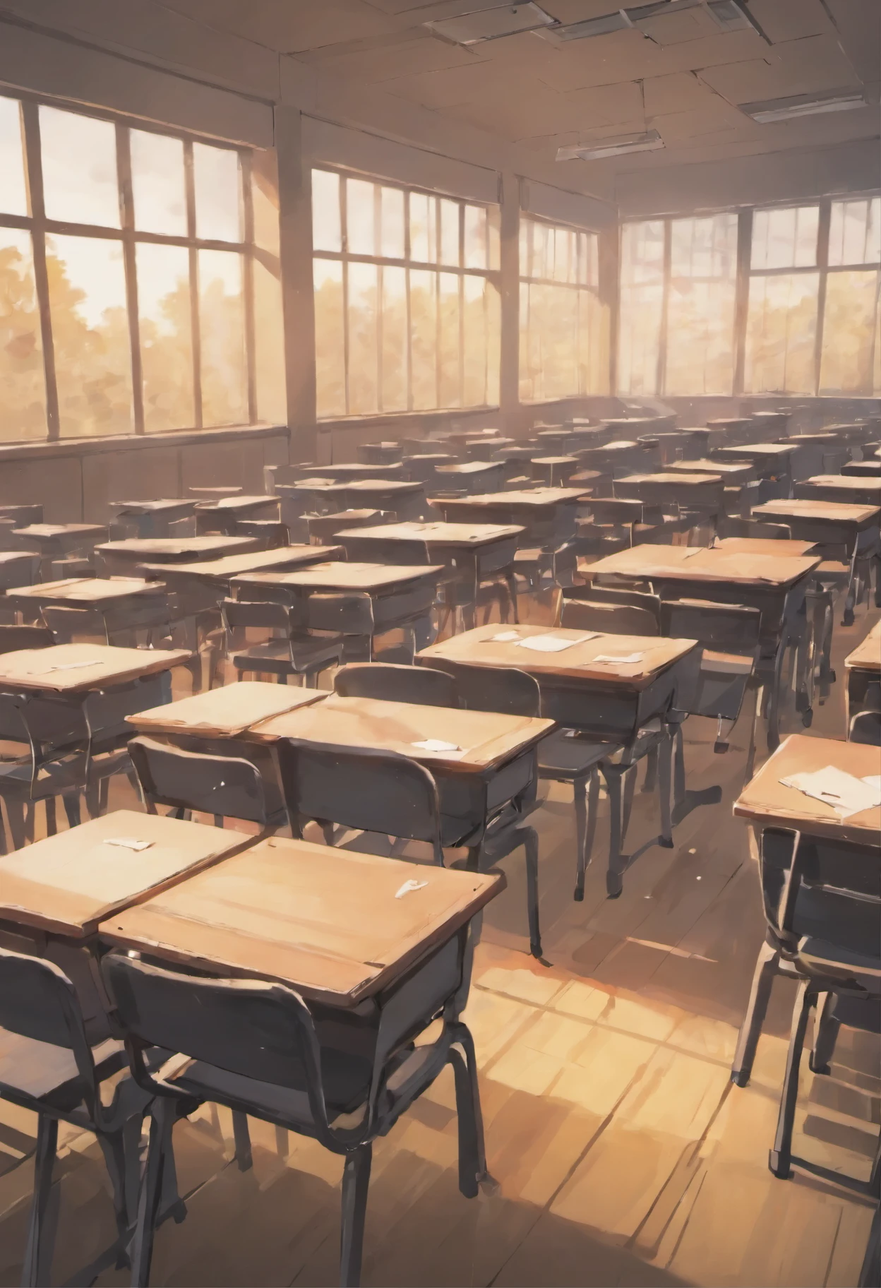 Empty School classroom with fallen broken desks at dawn background