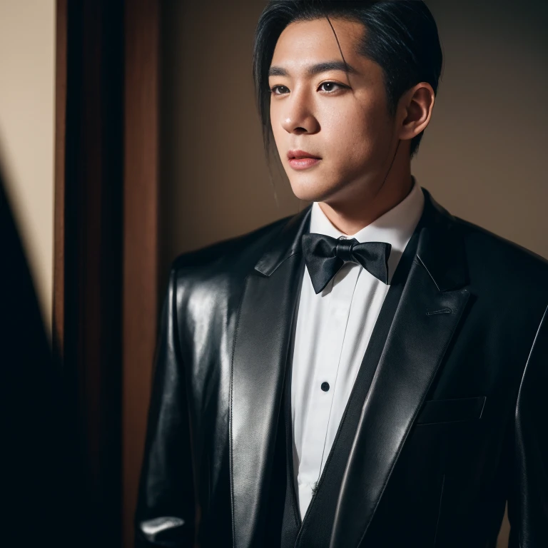 Asian man on the road，Modern glossy black leather tuxedo suit., Exaggerated colors, 8K images, Shot with a high quality camera with 45000000000 pixels.