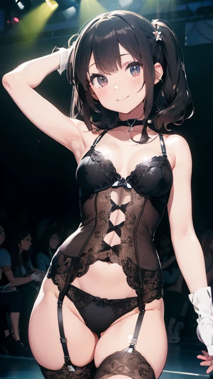 (masterpiece:1.8),(highest quality:1.8),(Very detailed:1.8),(8k:1.8),(Ultra-thin illustration:1.5),pretty girl,2 people,skinny,Small Ass,straight twin tails,Flat Chest,Small breasts,(Full lace bra)(Wacky lingerie,Lace panties),White corset,choker,White Long Gloves,white boot,(Pose with a smile),Applause from the audience,(Lingerie Fashion Week,Runway Walk),Spotlight。Photographer flash