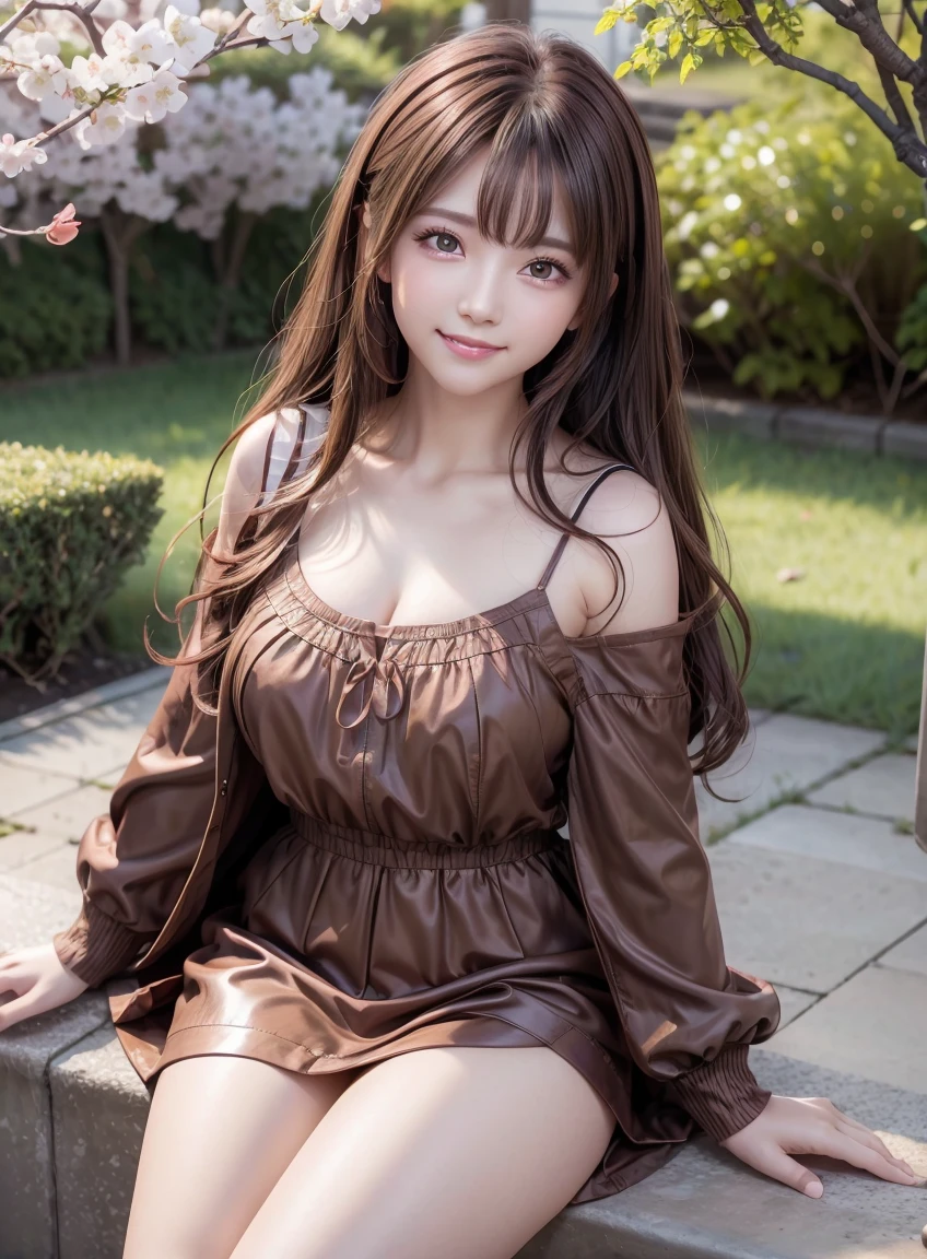 beautiful features、Japanese、brown hair、((curly hair、red eyes、Drooping eyes:1.2))、shiny smooth hair, thick bangs、(bright smile:1.2), ((Image Processing Algorithms：1.2))、highly detailed eyes, highest quality, Ultra HD, Beautiful and vivid illustrations、high contrast、Tonal correction、Ultra-realistic oily and shiny skin, Super fine, High resolution CG Unity 8K wallpaper, Raw photo, precise fingers, anatomically correct, spring outfit、Cherry blossom trees、Spring sunshine、spring breeze、