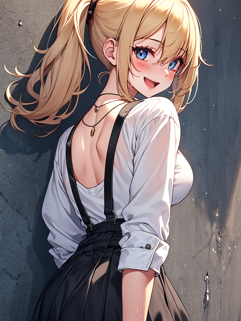  (highest quality, High resolution, perfect pixel, Depth of bounds written, 4K), detailed eyes, (1 girl), (from behind:1.5), from below, panty shot, perfect body, medium breasts, blond hair, (side ponytail), white t-shirt, see through, (v-neck), (black suspender skirt), waist, necklace, (standing), leaning forward, (touch the wall:1.2), blush, seductive smile, open mouth, wet,