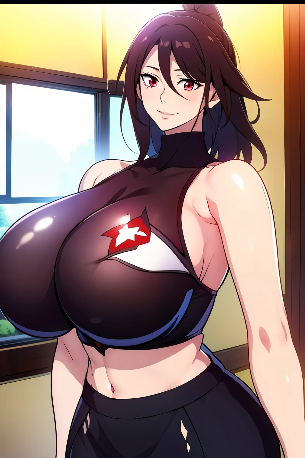 An anime-style artwork depicting Mizuki_Shiranui from the game Honkai star rail.

Tags: Mizuki_Shiranui, anime, detailed eyes, detailed lips, crop top, turtleneck, pencil skirt, midriff, smiling expression, intense gaze, dynamic pose, indoor, palace, vibrant colors, digital art, high-resolution, professional quality, gigantic breasts, (underboob : 1.4), curvy, cowboy shot, (gigantic breasts: 1.4), (red eyes:1.4)