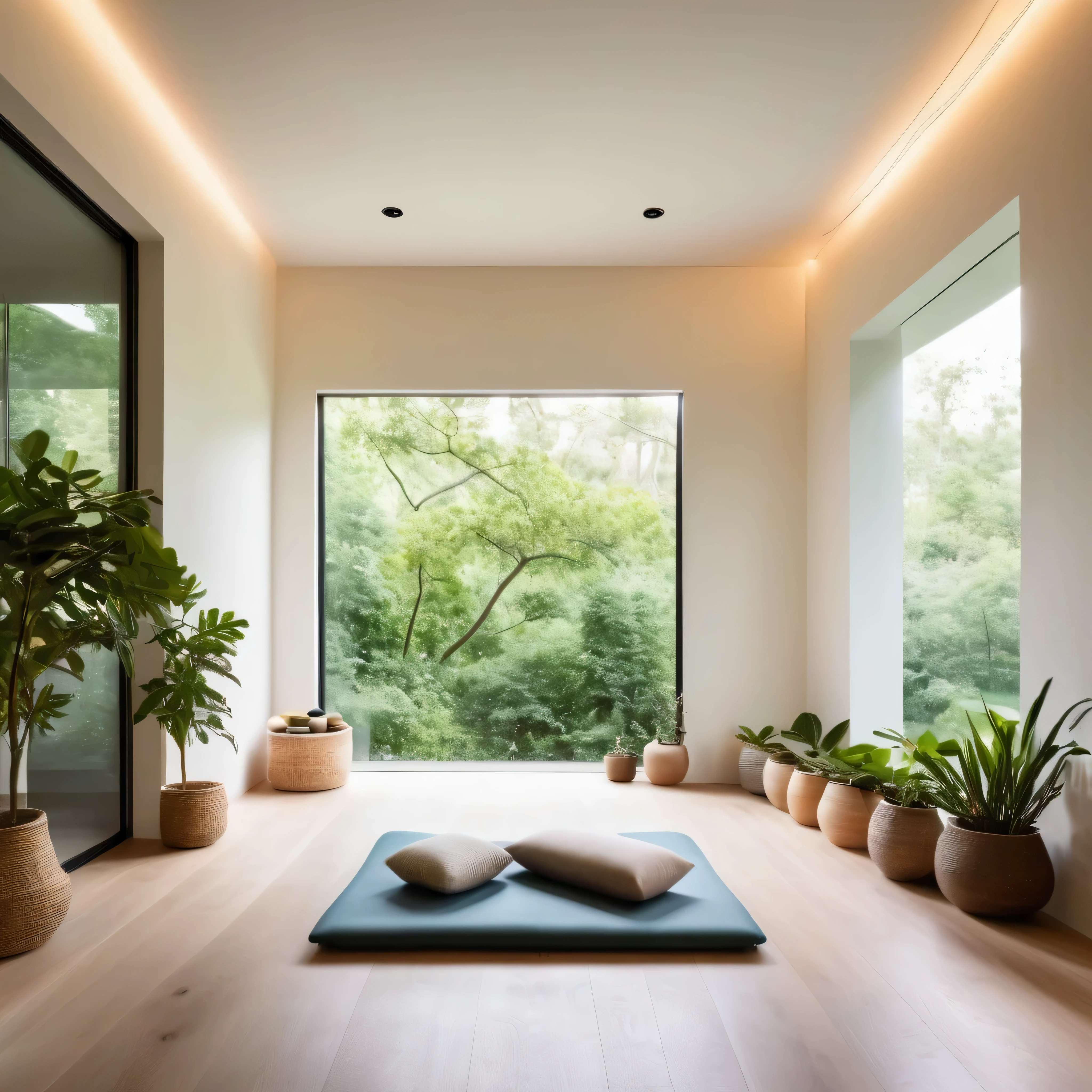 Step into a serene and modern European-style Meditation Room, designed to cultivate inner peace and mindfulness. The room features a minimalist aesthetic, with clean lines and neutral tones creating a tranquil ambiance. A large, shady transparent glass wall bathes the space in natural light, offering views of lush greenery outside. Inside, plush meditation cushions and soft yoga mats are arranged on the floor, inviting practitioners to find comfort and stillness. Ambient lighting fixtures emit a soft, soothing glow, while gentle instrumental music plays in the background, further enhancing the atmosphere of calm. A small altar at one corner of the room holds candles, incense, and symbolic objects for contemplation and reflection. A tranquil fountain trickles softly, providing a soothing soundtrack for meditation sessions. Additionally, essential oils and aromatherapy diffusers are available, filling the air with fragrant scents to promote relaxation and focus. With its serene ambiance and thoughtful design, this Meditation Room offers a sanctuary for quiet reflection and inner exploration.