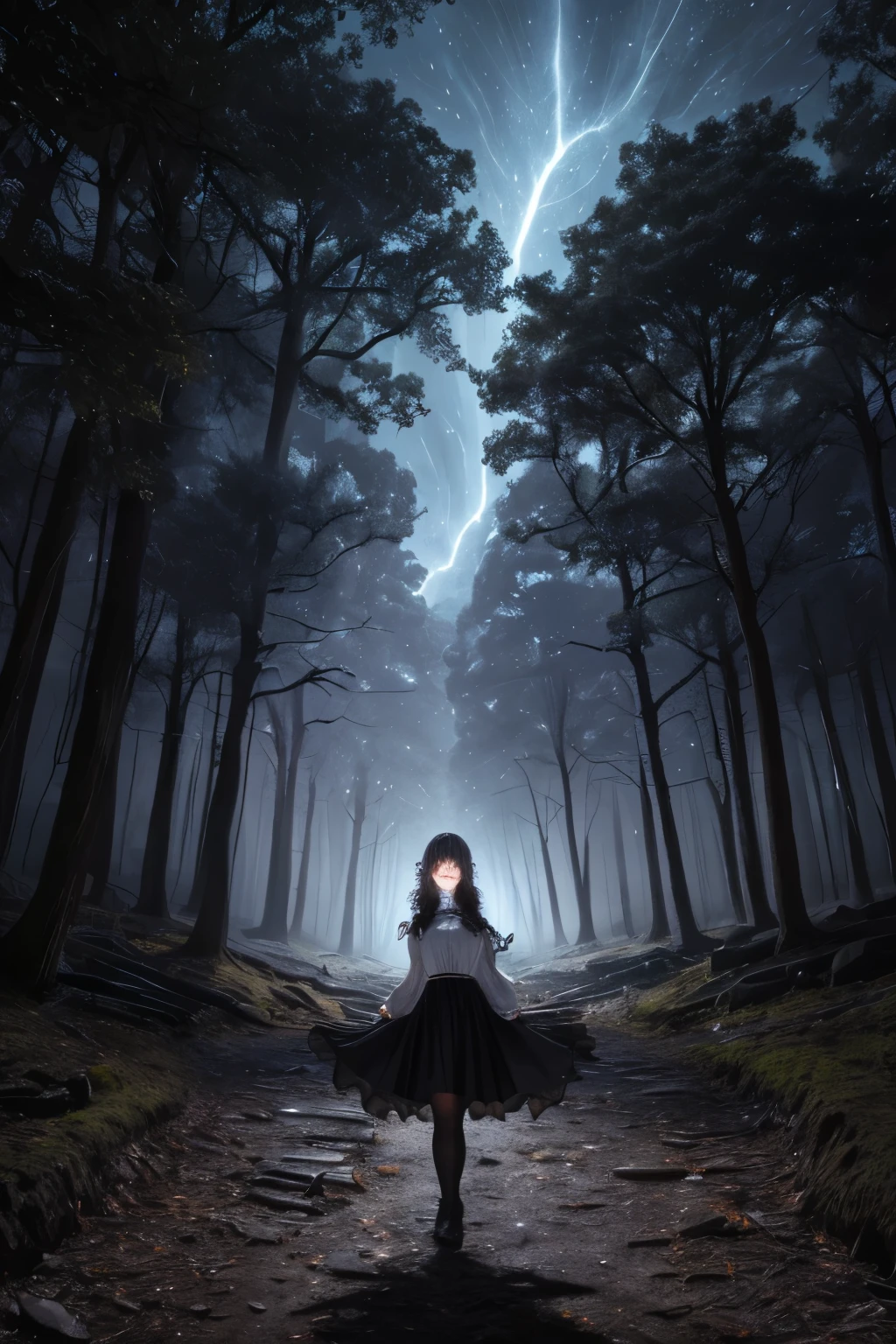 (Super detailed,ultra high resolution,detailed background)),ancient city,dark forest at night,spooky,Chill,Inspiration,1 girl,wearing a minidress、Wearing a white collared long-sleeved blouse、