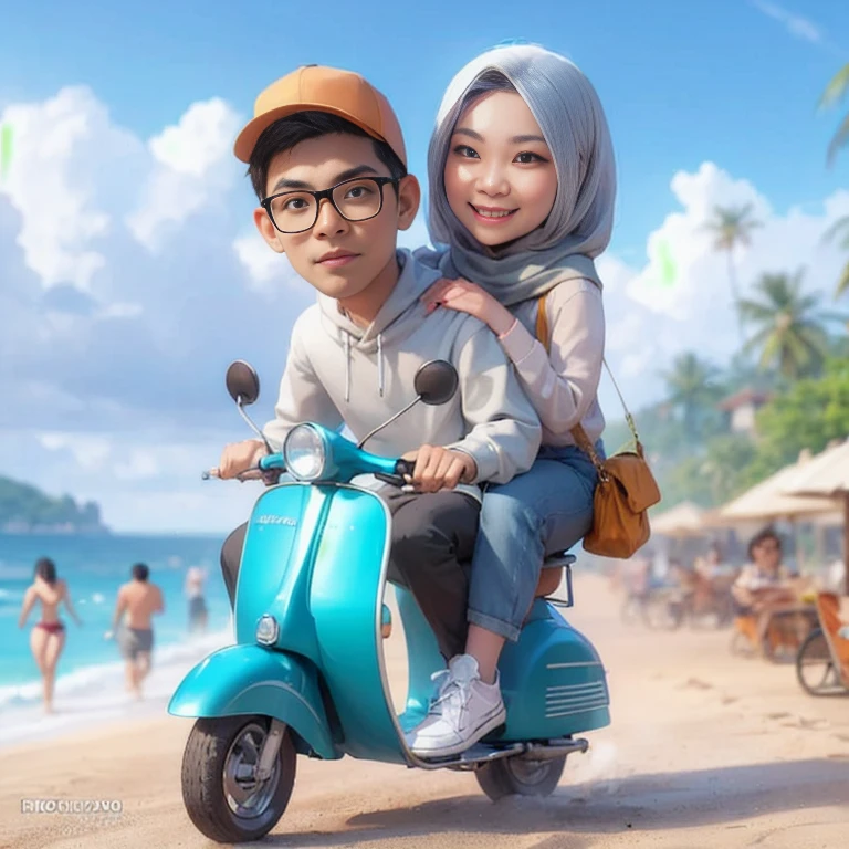 cartoon couple riding a scooter on the beach with a woman and man, inspired by Rudy Siswanto, by Rudy Siswanto, cartoon art, by Abidin Dino, realism artstyle, cartoon art style, realistic cartoon, cartoon artstyle, cartoon digital art, 3 d cartoon, digital art cartoon, artwork in the style of guweiz