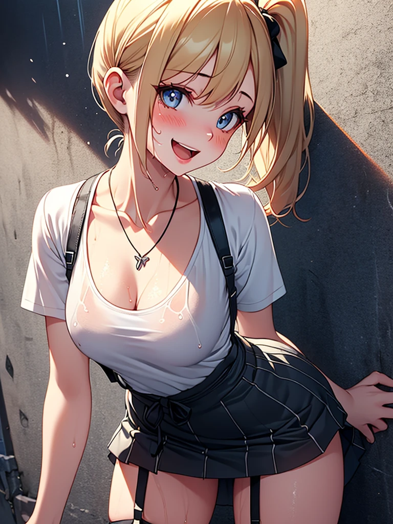 (highest quality, High resolution, perfect pixel, Depth of bounds written, 4K), detailed eyes, (1 girl), (from behind:1.5), from below, panty shot, perfect body, medium breasts, blond hair, (side ponytail), white t-shirt, see through, (v-neck), (black suspender skirt), waist, necklace, (standing), (leaning forward), (touch the wall:1.2), blush, seductive smile, open mouth, wet,