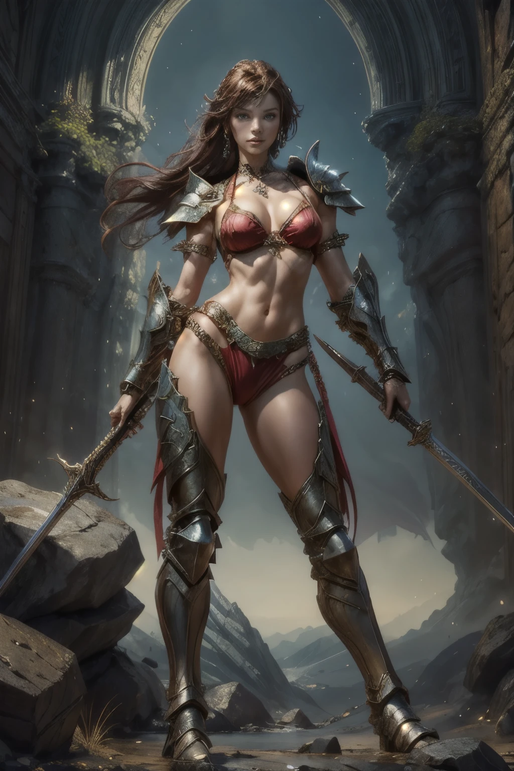 a sexy woman in armor standing on a rocky hill, bikini armor female knight, fantasy woman, fantasy warrior, by Yang J, very beautiful female barbarian, warrior girl, beautiful female warrior, female warrior, style of raymond swanland, tyler edlin fantasy art, a very beautiful berserker woman, artgerm julie bell beeple, wojtek fus