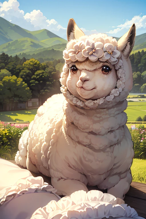 ((alpaca:1.2))、soft and fluffy fur、こちらを見つめるalpaca、Close-up shot:1.4、Ink Painting、(peaceful landscape、Peaceful landscape、Sunlit、Bright and colorful、beautiful, peaceful and quiet environment、comfortable、countryside scenery、Peaceful nature:1.2