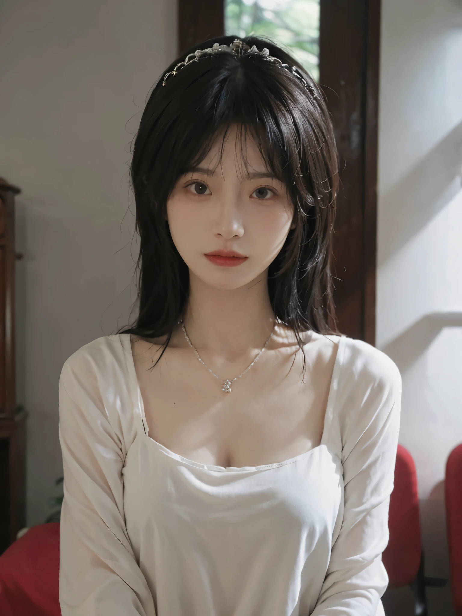 best quality, ultra high resolution, (realistically:1.4),cute hairpin,Baoyu Girl,Standing in the wedding hall,(flat chest:1.2) ,A pair of clear and charming peach blossom eyes,Royal sister,The sun shines on the face,Big wavy hairstyle,(necklace:1.2),(White skin:1.4),a sense of atmosphere,a beautiful girl,Looking directly at the viewer, Close-up cleavage ,(lifelike:1.4),1 girl,Sexy,(Upper body:1.4),(wet),(:1.2)