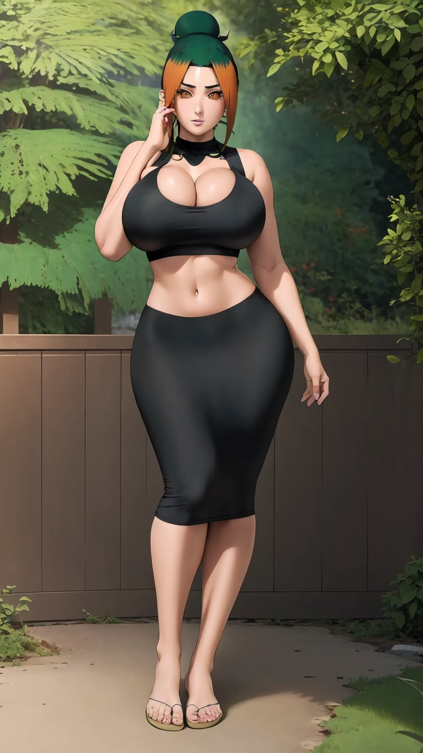 masterpiece, best quality, extremely detail 8k cg, high resolution, 1girl, pakura, green hair, orange eyes, perfect eyes, slim body, huge breasts, bursting breasts, black tee shirt dress, sleeveless, cleavage, outdoors, garden, beautiful face, full shot photo, full body
