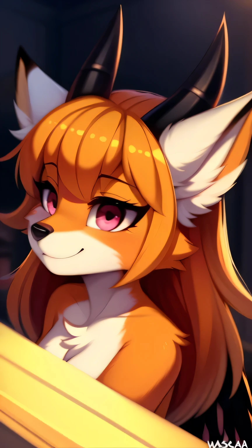 Nervous smiling, uploaded the e621, beautiful and detailed, woman (((female))) ((anthro)) Fox, (Fox girl), by waspsalad, by phluks, by zero-sum, cinematic lighting, Fox, (anthro, fluffy fur, character focus:1.1), 1girl, anthro fox girl, body fur, orange fur, orange body, orange hair, curvy, sexy, nice, cute, hot, comfortable anime-style cartoon-style, digital drawing, (half-closed eyes), pink eyes, (horns, black horn, white horn, black wings), bangs