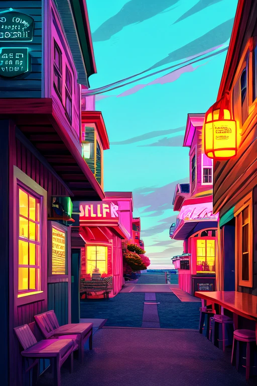 ((best quality)), ((masterpiece)), (detailed), Lo-Fi aesthetic, Liminal space, dream core, nostalgia core, Anemoia, Kenopsia, Neo-Noir aesthetic, After Hours Aesthetic, Cyberpunk Aesthetic, Coastal seaside town, located in Maine, location based on Kennebunkport, Maine, location based on Wells, Maine, location based on Bar Harbor, Maine, location based on Annapolis, Maryland, location based on Ocean City Maryland, perfect shading, soft shading, soft colors, pastel colors, vivid colors