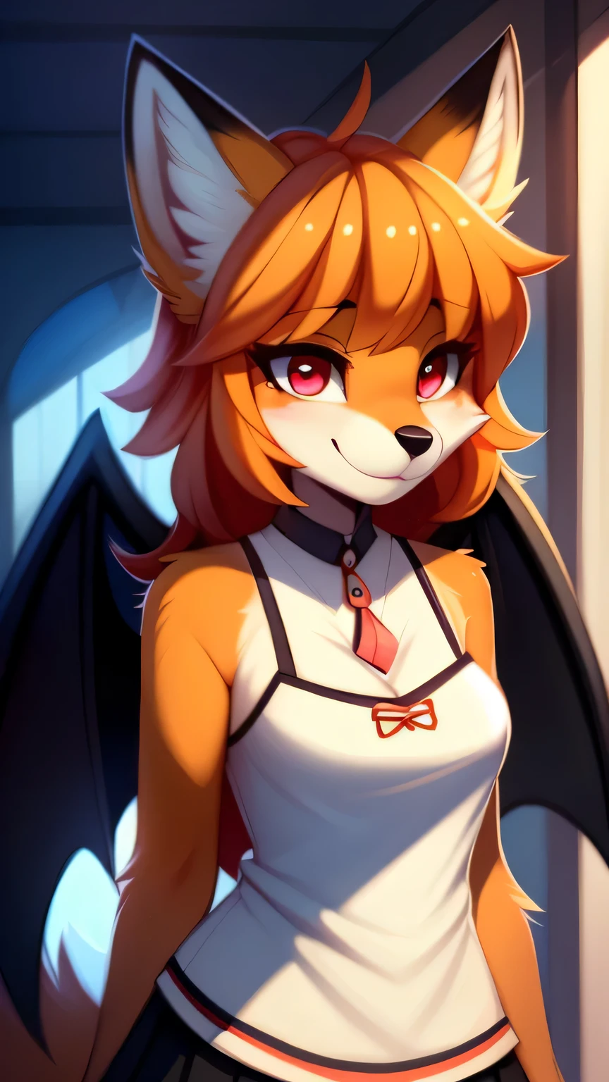 Nervous smiling, uploaded the e621, beautiful and detailed, woman (((female))) ((anthro)) Fox, (Fox girl), by waspsalad, by phluks, by zero-sum, cinematic lighting, Fox, (anthro, fluffy fur, character focus:1.1), 1girl, anthro fox girl, body fur, orange fur, orange body, orange hair, curvy, sexy, nice, cute, hot, comfortable anime-style cartoon-style, digital drawing, (half-closed eyes), pink eyes, (black horns, white horns, black wings), bangs