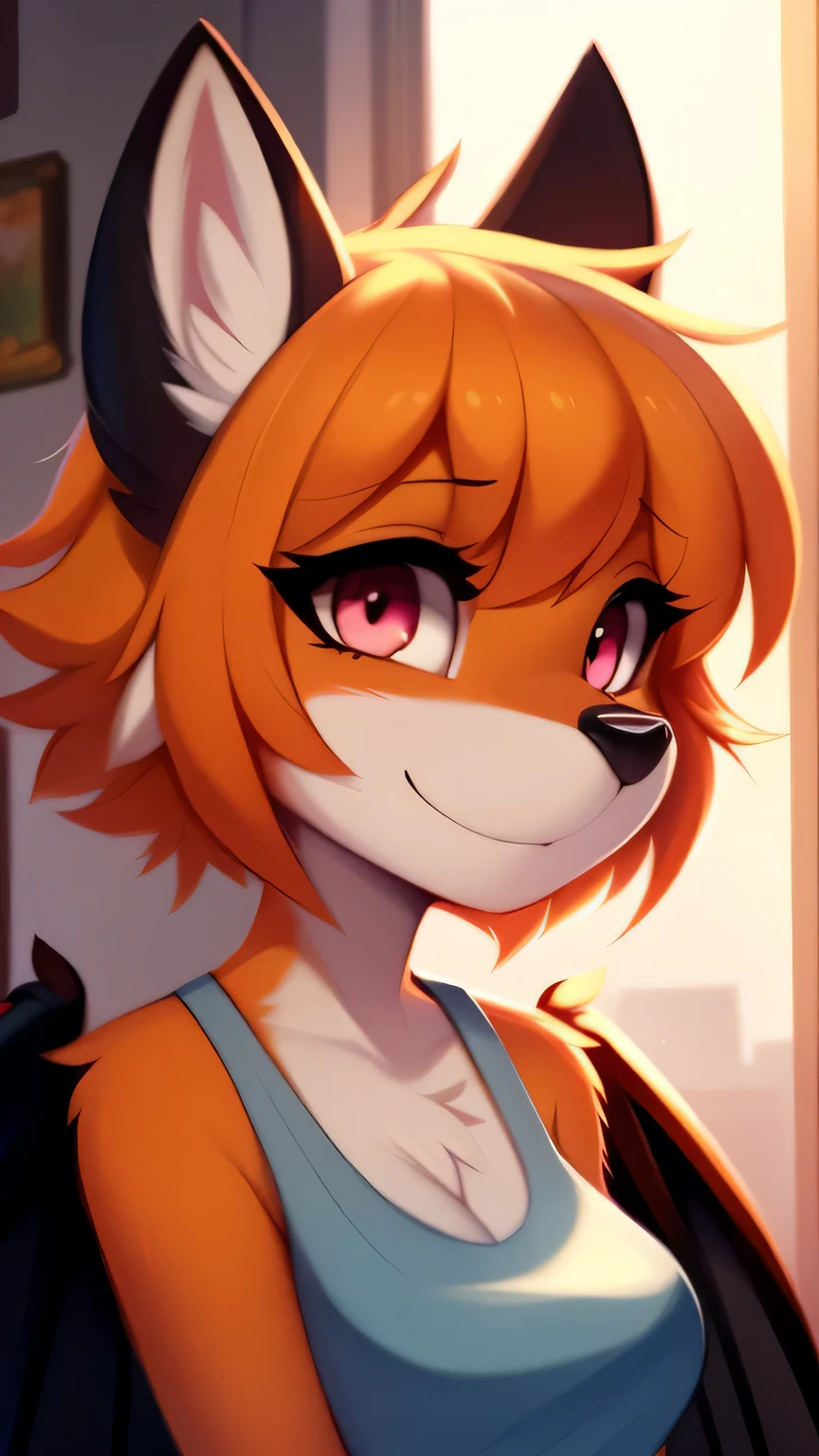 Nervous smiling, uploaded the e621, beautiful and detailed, woman (((female))) ((anthro)) Fox, (Fox girl), by waspsalad, by phluks, by zero-sum, cinematic lighting, Fox, (anthro, fluffy fur, character focus:1.1), 1girl, anthro fox girl, body fur, orange fur, orange body, orange hair, curvy, sexy, nice, cute, hot, comfortable anime-style cartoon-style, digital drawing, (half-closed eyes), pink eyes, (black horns, white horns, black wings), bangs