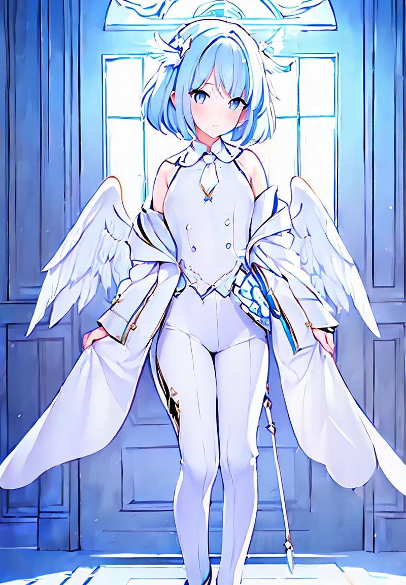 (Masterpiece, Slim Body, Delicate Fingers: 1.2), Best Quality, (Illustration: 1.2), (Hyper Detail), Eye Focus, Ultra Detail, (Fine Detail), (Intricate Detail), HDR, (Ultra Detail: 1.15), (Soft Light: 1.2), 1girl, (White uniform:1.5), (white suit:1.4), (White necktie:1.5), (long pant:1.4), (White hair), (light blue eyes:1.3), short hair, solo, masterpiece, (blushing:1.1), best quality, highly detailed, (fullbody image:1.5), kwaii, (blue inner hair:1.2), (Angel wings:1.5), (galo:1.3), standing,