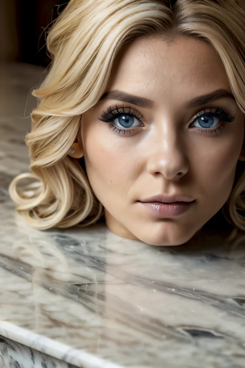 ((disembodied head on a marble table)), detailed skin texture, Une photographie d&#39; female woman with a face, curled blonde hair, blue eyes, crown, ((Lora:pretty makeup, sexy)).