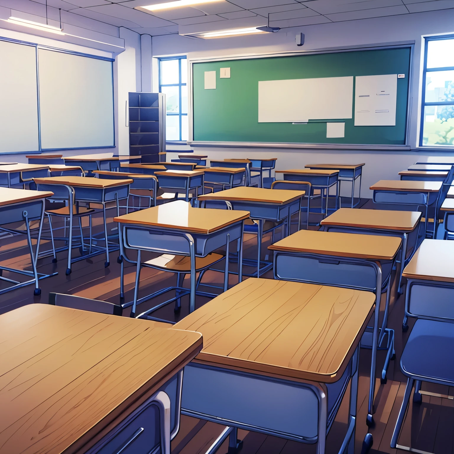 Empty school classroom with broken and mesy desks