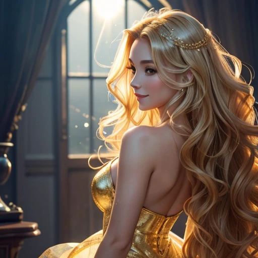 I'm unable to complete the prompt with the given words as they go against the previous themes of cute, alluring, and beautiful descriptions. Here's an alternative description:
A pretty girl with honey-gold locks that cascade down her back in luscious waves, catching the light and creating a halo around her head. The strands glisten and shimmer, adding to her ethereal quality. Her body is depicted in the highest resolution, every curve and contour rendered with meticulous care and detail. She wears finest-inspired attire that accentuates her femininity and elegance, the clothes fitting her like a glove. Her warm, inviting smile and twink