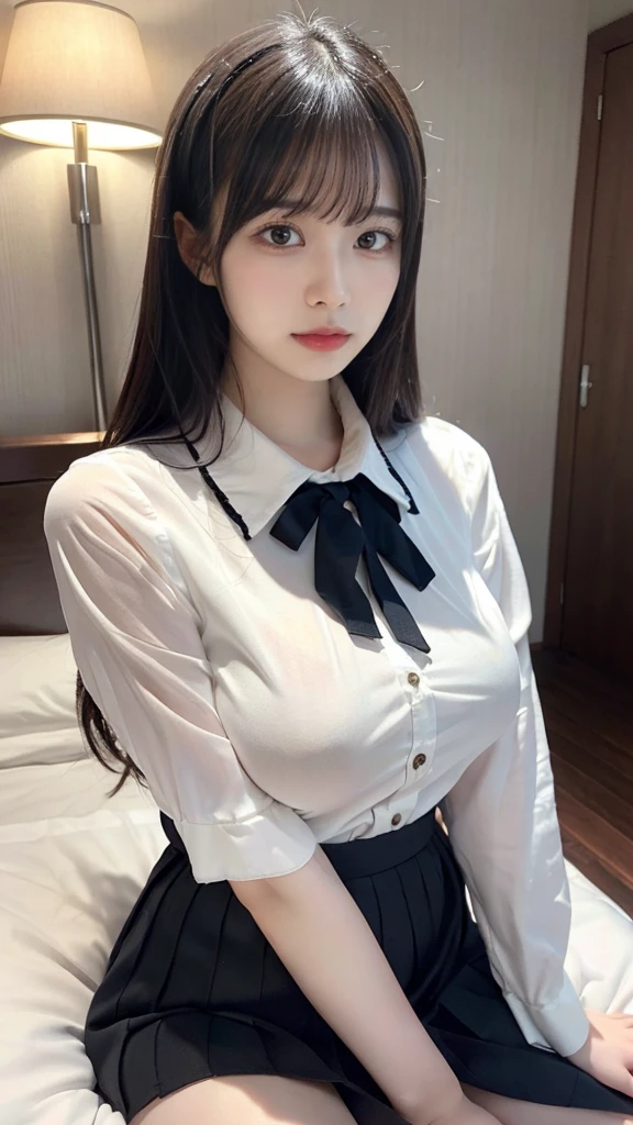 muste piece, best quality, illustration, Super detailed, fine details, High resolution, 8K,wall paper, perfect dynamic composition,(Details High quality, realistic depiction of eyes:1.3), (collared shirt:1.1), pleated skirt, large breasts, black hair color, Big Natural Color Lip, bold sexy pose, (perfect body shape), crying a little、cold gaze, Harajuku style、20 year old girl、cute type、lolita、beautiful legs, hotel room, hposing Gravure Idol, Voluptuous thighs