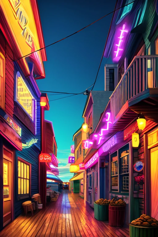 ((best quality)), ((masterpiece)), (detailed), Lo-Fi aesthetic, Liminal space, dream core, nostalgia core, Anemoia, Kenopsia, Neo-Noir aesthetic, After Hours Aesthetic, Cyberpunk Aesthetic, Coastal seaside town, located in Maine, location based on Kennebunkport, Maine, location based on Wells, Maine, location based on Bar Harbor, Maine, location based on Annapolis, Maryland, location based on Ocean City Maryland, perfect shading, soft shading, soft colors, pastel colors, vivid colors, dynamic lighting