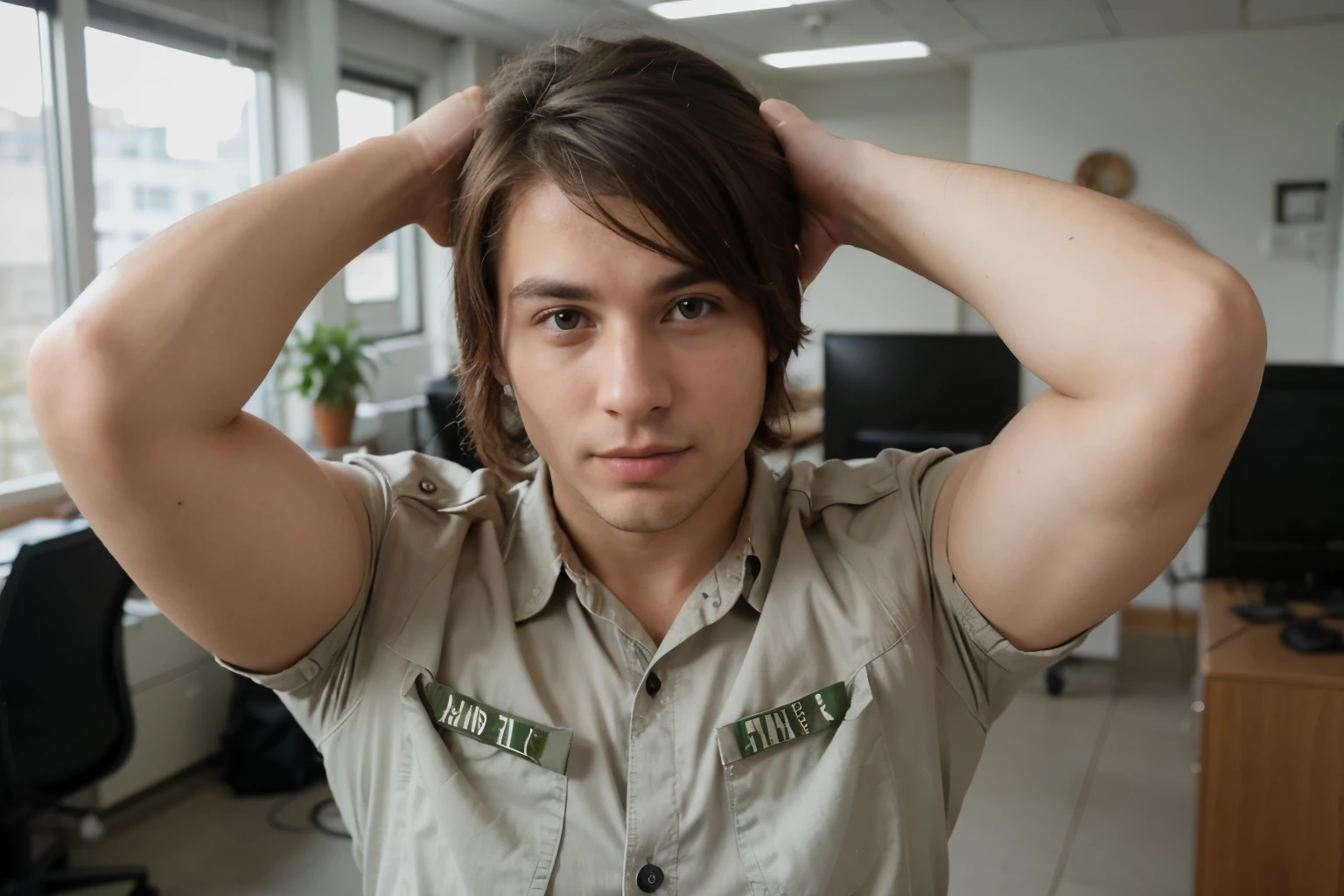 homem, 25 anos, de terno em ambiente empresarial, cabelo estilo militar