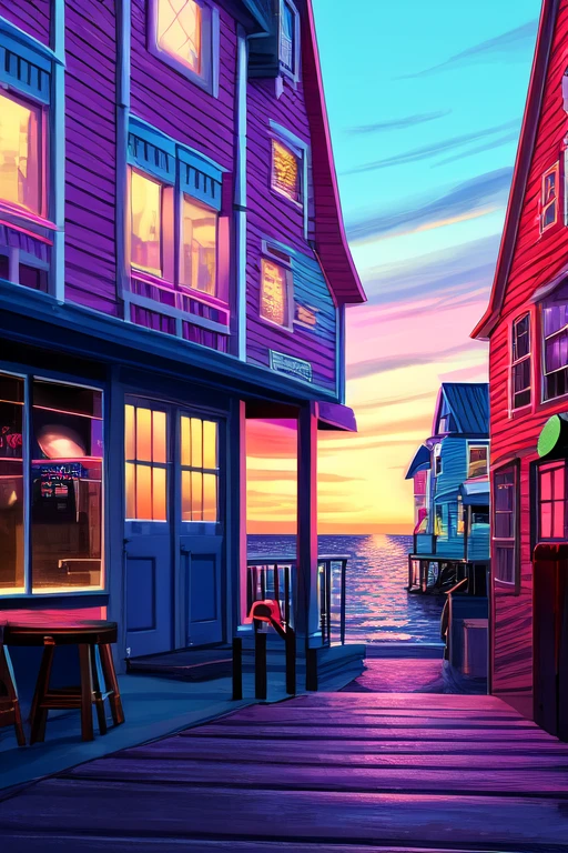 ((best quality)), ((masterpiece)), (detailed), Lo-Fi aesthetic, Liminal space, dream core, nostalgia core, Anemoia, Kenopsia, Neo-Noir aesthetic, After Hours Aesthetic, Cyberpunk Aesthetic, Coastal seaside town, located in Maine, location based on Kennebunkport, Maine, location based on Wells, Maine, location based on Bar Harbor, Maine, location based on Annapolis, Maryland, location based on Ocean City Maryland, perfect shading, soft shading, soft colors, pastel colors, vivid colors, dynamic lighting, Suburban Cul-de-sac 