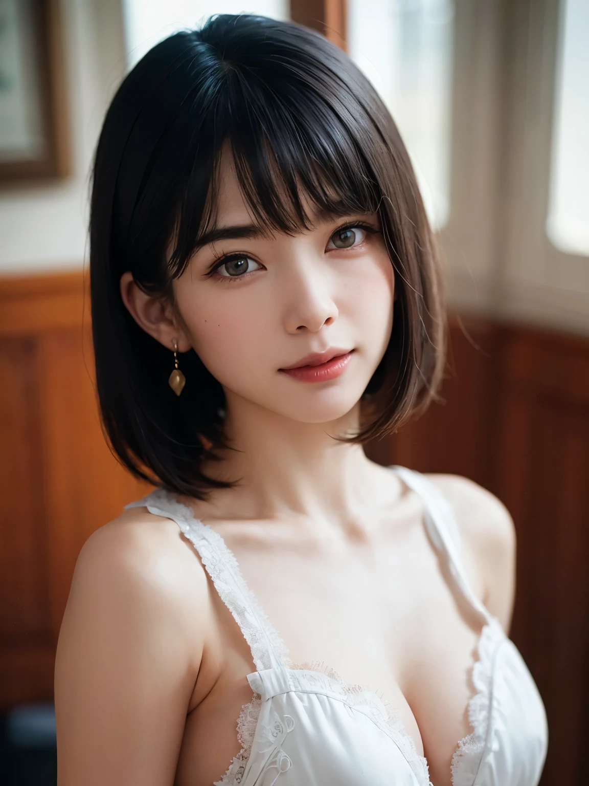 1 girl、highest quality、Realistic、alone、Written boundary depth、Natural soft light、Daytime、charm、Beautiful Face、Cleanliness、Pure Face、White skin、cute、short hair、bright hazel eyes:1.6、Beautiful Lips、bangs、Beach、Light of the sun、Nedium Breast Body Esbian、((黄金比のBeautiful Face、 対称性のあるBeautiful Face))、Long neck、show me your ears、Stick out your ears。bangsのあるきれいな短いボブヘア、smile with your mouth closed、Perfect hands指、Perfect hands、Perfect body、Perfect Face、Shine a light into your eyes、Perfect Anatomy:1.6、とてもcuteスーパーモデル:1.6、{Huge|big|Hugeな|Mega} chest, chestの谷間、smile:1.6、Very beautiful teeth:1.6