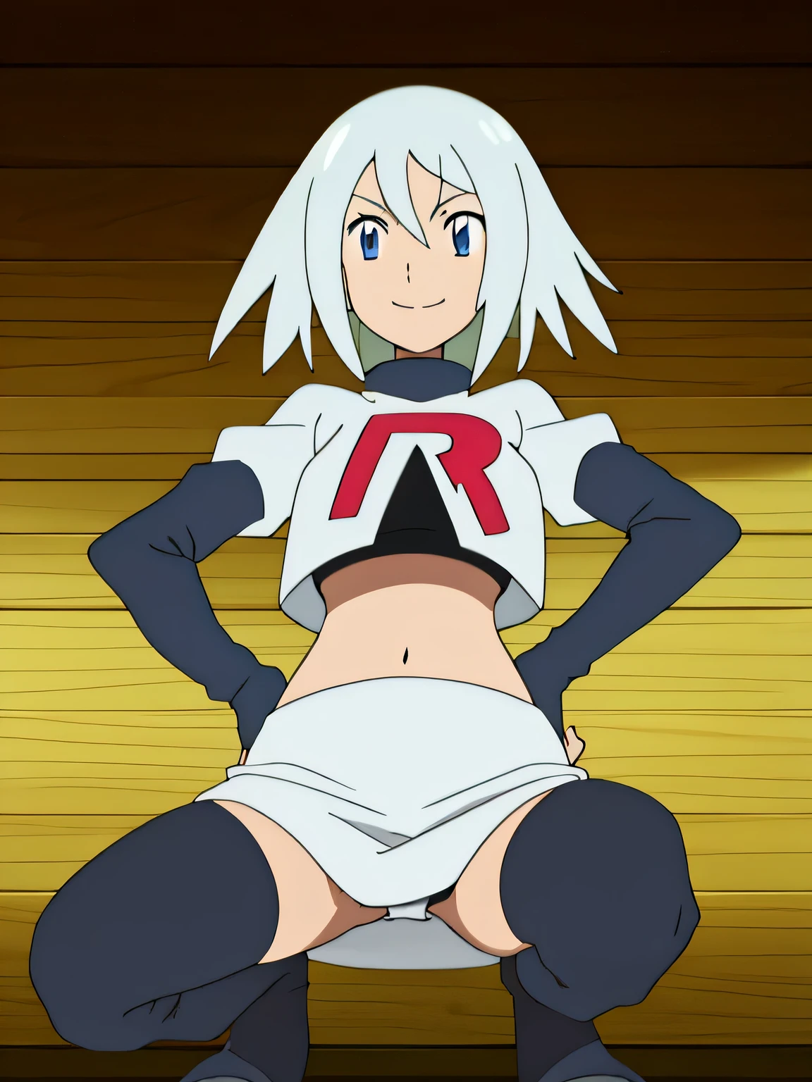 8k, masterpiece,highres, team rocket uniform, red letter r, white skirt,white crop top,black thigh-high boots, black elbow gloves, smiling, looking down at viewer, hands on hips, cowboy shot, zettai ryouiki,squatting, from below, black panties,anime style, vivid colors, sharp focus, intense lighting,raine sage,very large breat,white hair
