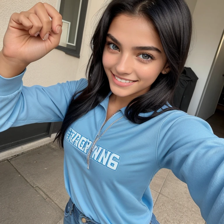 girl, beautiful, ager, black hair, blue eyes, walking clothes, Isis Valverde's face,smile showing teeth, selfie