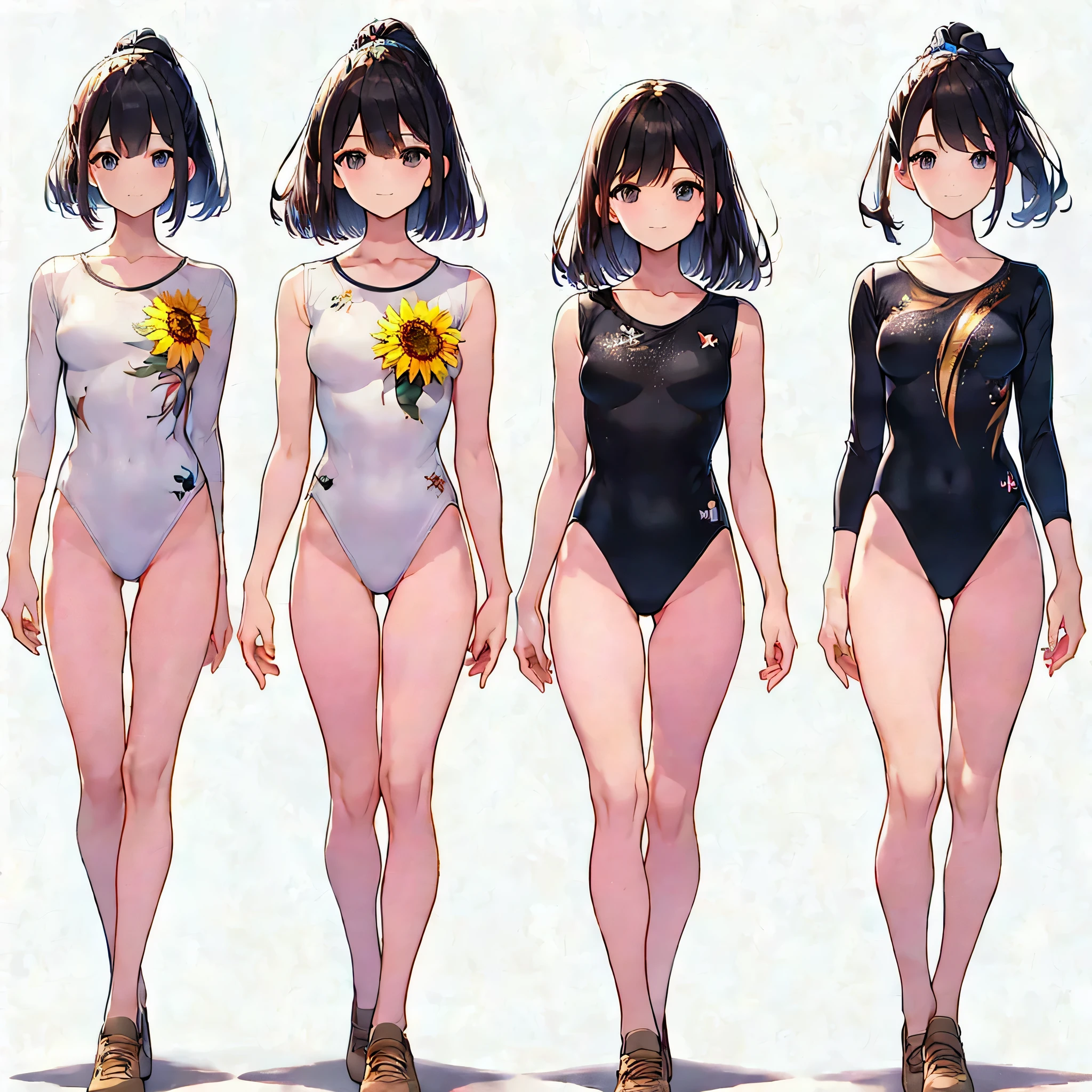 ((full body)),(masterpiece, best quality), (2 girls1.5) ,((Contrapposto:1.5)), looking at viewer, walking,((v_arms:1.2)), (wearing gymnastics_longsleeves_leotard_outfit leotard:1.3),(simple leotard:1.3),(black print leotard:1.3) , (sunflower print:1.3),BREAK masterpiece black hair, ((long hair:1.2)), ((parted bangs:1.3)), black eyes, good hand, ((small breasts)), (over 20 years old, under 25 years old:1.2), , spotlight, happy, smile, BREAK white background