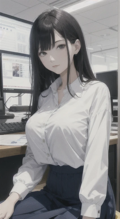 1 sitting woman, holding a coffee cup, Clothing of office workers, /(ID card strap/), Mature Woman, /(Black Hair/) bangs, (Masterpiece Top quality:1.2) Delicate illustrations, super detailed, Big Break /(Modern office indoors/), Skyscraper with windows