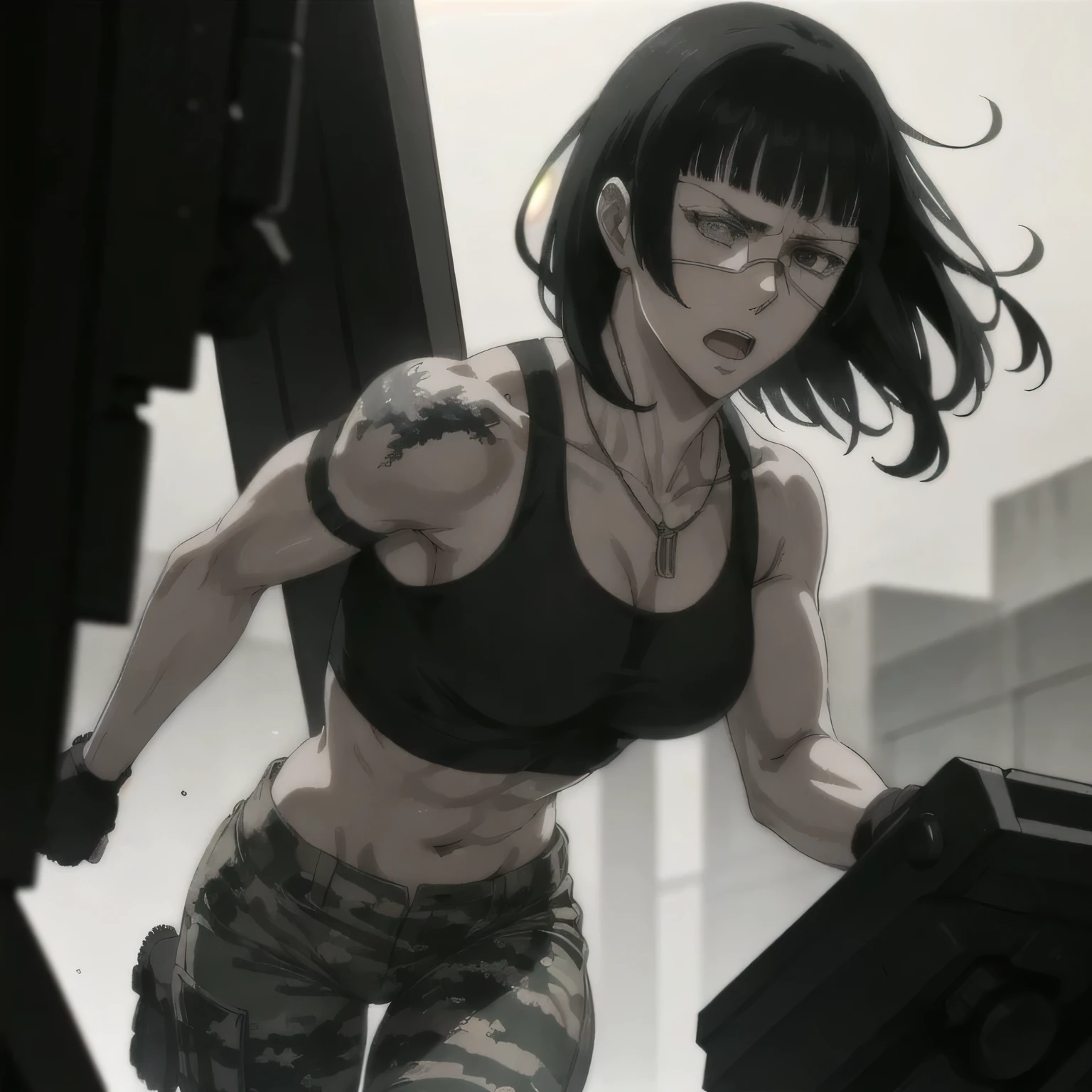 (best quality,ultra-detailed,realistic:1.37),musclaur badass girl wearing black sport bra and Camouflage combat trousers, full review of the female character's face and body, intense expression, strong and confident posture, studio lighting, vivid colors, physiologically-based rendering, grungy texture, rugged background, dust particles in the air, commanding presence, professional, powerful, gritty aesthetics,,Valmet،short hair,necklace,