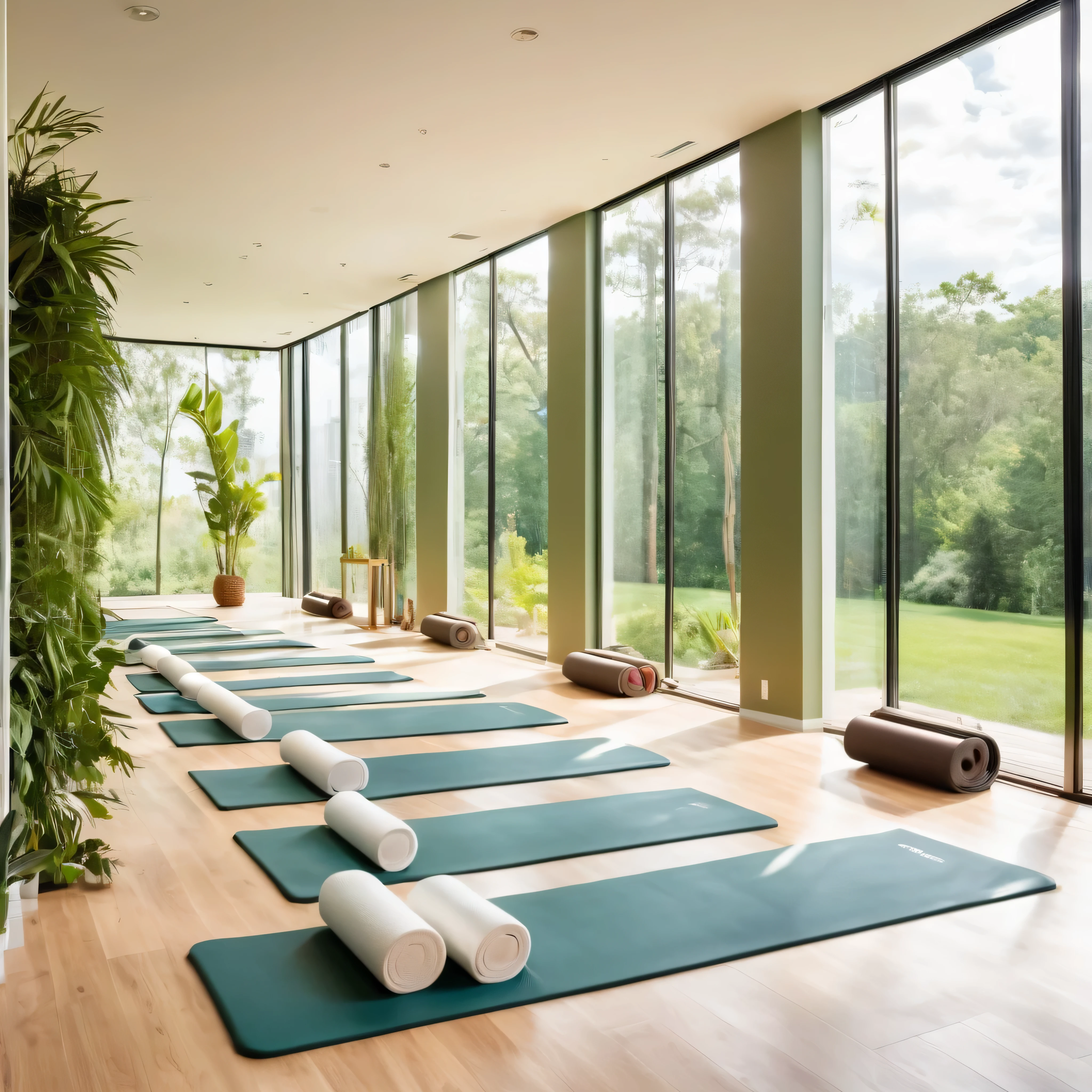 Transforming the versatile space into a Stretching Oasis: The expansive open area beckons with its serene ambiance, adorned with lush greenery and modern European decor. A sleek, minimalist design encourages free movement, while ample natural light streams in through floor-to-ceiling windows, casting a warm glow over the room. Soft, padded flooring provides comfort and support for various stretching exercises, promoting flexibility and relaxation. To enhance the experience, incorporate yoga mats, foam rollers, resistance bands, and a mirrored wall for proper form and alignment. Immerse yourself in this tranquil haven, where every stretch brings you closer to rejuvenation and well-being.