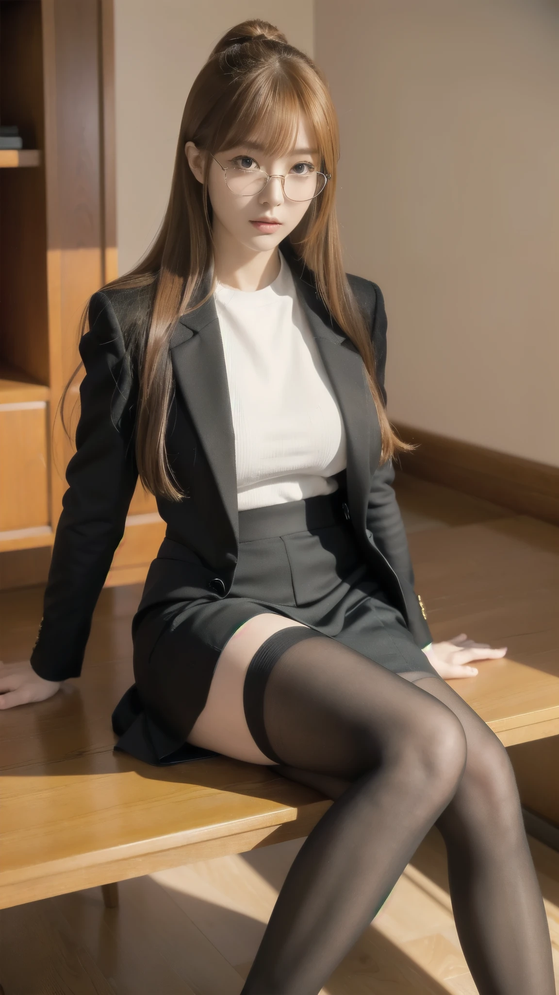 There is a captivating Japanese goddess named Sakura Futaba seated in a plush chair, her laptop resting on a pristine desk. She wears a strict and sleek black business suit that accentuates her elegant figure. Her legs cross seductively at the thighs, displaying her signature high-heeled thigh-highs that peek out from under her skirt. The desk, on which she sits, is bare and minimalist, allowing her impeccable outfit to take center stage. her long, orange hair cascades down her back, framing her face adorned with blunt bangs. Her mesmerizing violet eyes are accentuated by the frames of her glasses,