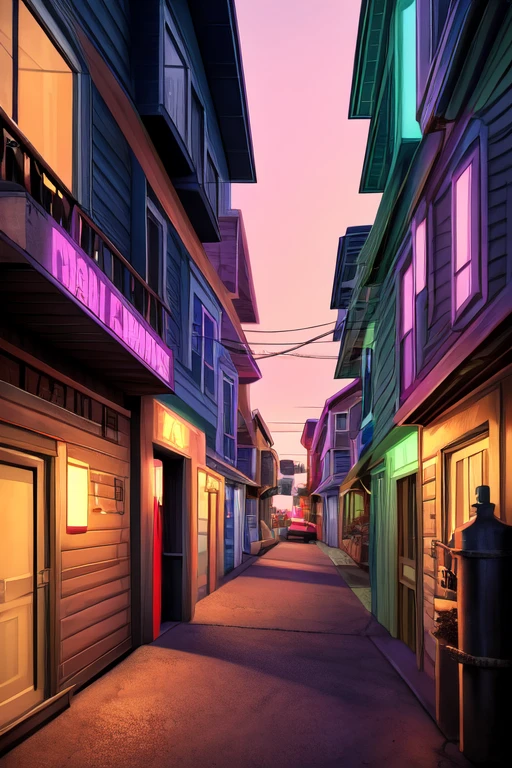 ((best quality)), ((masterpiece)), (detailed), Lo-Fi aesthetic, Liminal space, dream core, nostalgia core, Anemoia, Kenopsia, Neo-Noir aesthetic, After Hours Aesthetic, Cyberpunk Aesthetic, Coastal seaside town, located in Maine, location based on Kennebunkport, Maine, location based on Wells, Maine, perfect shading, soft shading, soft colors, pastel colors, vivid colors, dynamic lighting, Suburban Cul-de-sac, Neighborhood, futuristic housing, Georgian architecture 