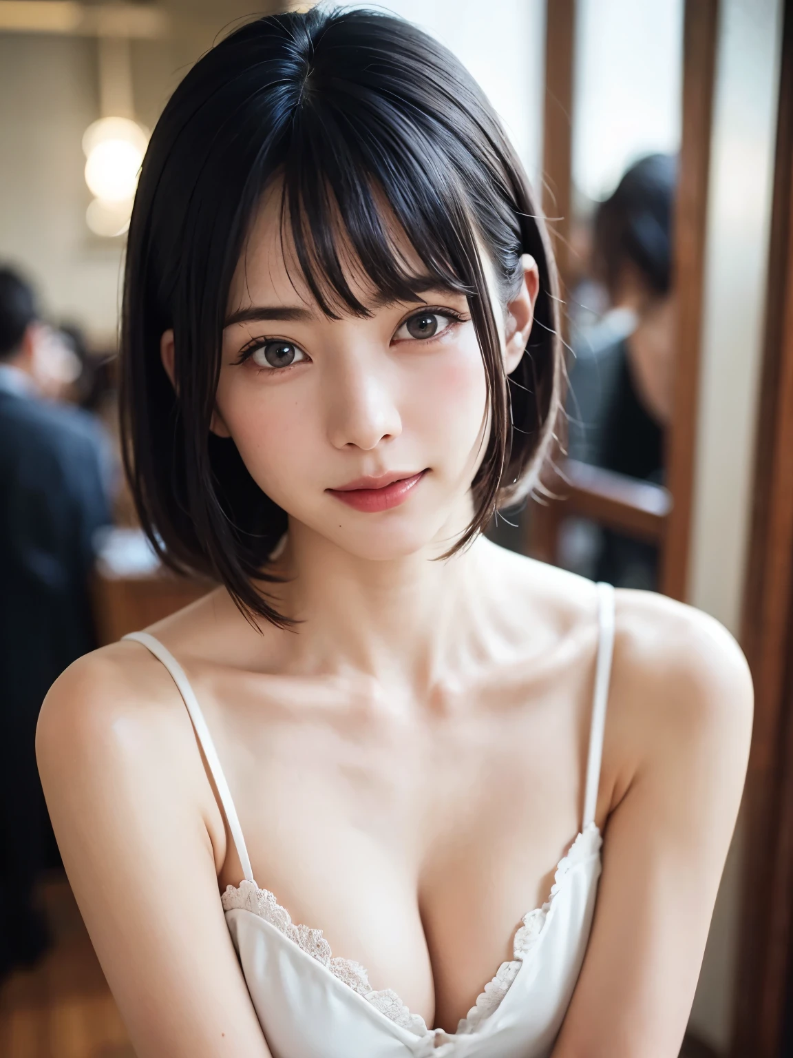 1 girl、highest quality、Realistic、alone、Written boundary depth、Natural soft light、Daytime、charm、Beautiful Face、Cleanliness、Pure Face、White skin、cute、short hair、bright hazel eyes:1.6、Beautiful Lips、bangs、Beach、Light of the sun、Nedium Breast Body Esbian、((黄金比のBeautiful Face、 対称性のあるBeautiful Face))、Long neck、show me your ears、Stick out your ears。bangsのあるきれいな短いボブヘア、smile with your mouth closed、Perfect hands指、Perfect hands、Perfect body、Perfect Face、Shine a light into your eyes、Perfect Anatomy:1.6、とてもcuteスーパーモデル:1.6、{Huge|big|Hugeな|Mega} chest, chestの谷間、smile:1.6、Very beautiful teeth:1.6
