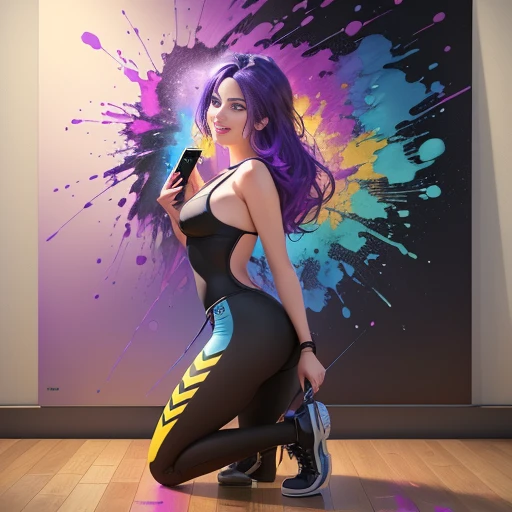 Image with vibrant purple, blue and yellow paint splatters in Banksy style. Woman with perfect detailed face, full body render, holding mobile phone, shown in profile, with happy smile. Phone is shining, aimed outside frame. Figure using phone to attract someone. Striking visual effect, with vibrant swirling colors and passionate embrace, (best quality, 4k, 8k, high resolution, masterpiece:1.2), ultra-detailed, (realistic, photorealistic, photo-realistic:1.37), artistic style: abstract expressionism, color tones: warm and passionate colors, lighting: dramatic and intense, art style: conceptual
