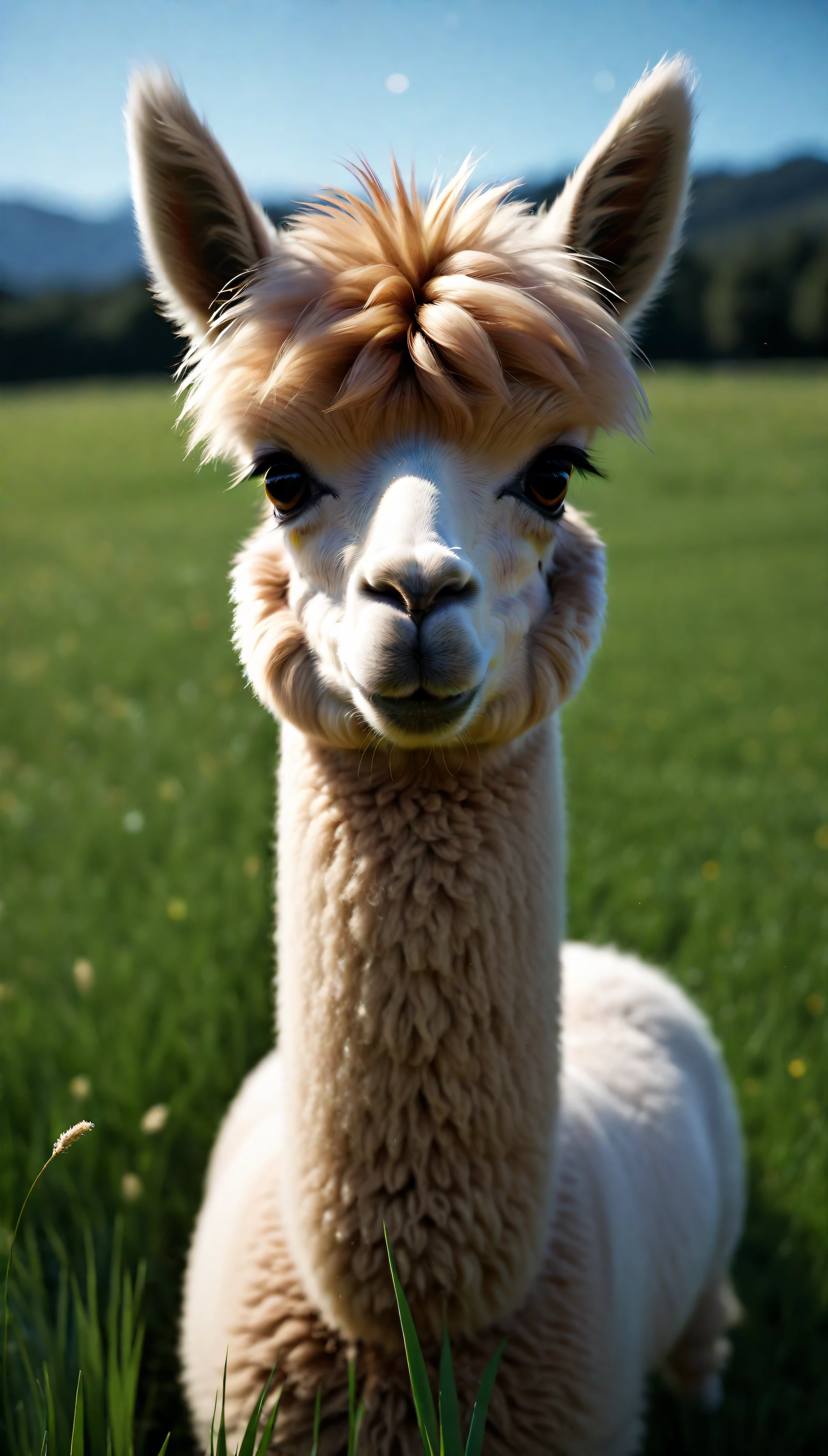 ((Masterpiece in maximum 16K resolution):1.6),((soft_color_photograpy:)1.5), ((Ultra-Detailed):1.4),((Movie-like still images and dynamic angles):1.3). | (Macro shot cinematic photo of exotic Alpaca in a grass field), (an Alpaca), (focus on the Alpaca), (macro lens), (exotic animal), (cute), (delightful atmosphere), (aesthetic photography style), (visual experience),(Realism), (Realistic),award-winning graphics, dark shot, film grain, extremely detailed, Digital Art, rtx, Unreal Engine, scene concept anti glare effect, All captured with sharp focus. | Rendered in ultra-high definition with UHD and retina quality, this masterpiece ensures anatomical correctness and textured skin with super detail. With a focus on high quality and accuracy, this award-winning portrayal captures every nuance in stunning 16k resolution, immersing viewers in its lifelike depiction. | ((perfect_composition, perfect_design, perfect_layout, perfect_detail, ultra_detailed)), ((enhance_all, fix_everything)), More Detail, Enhance.