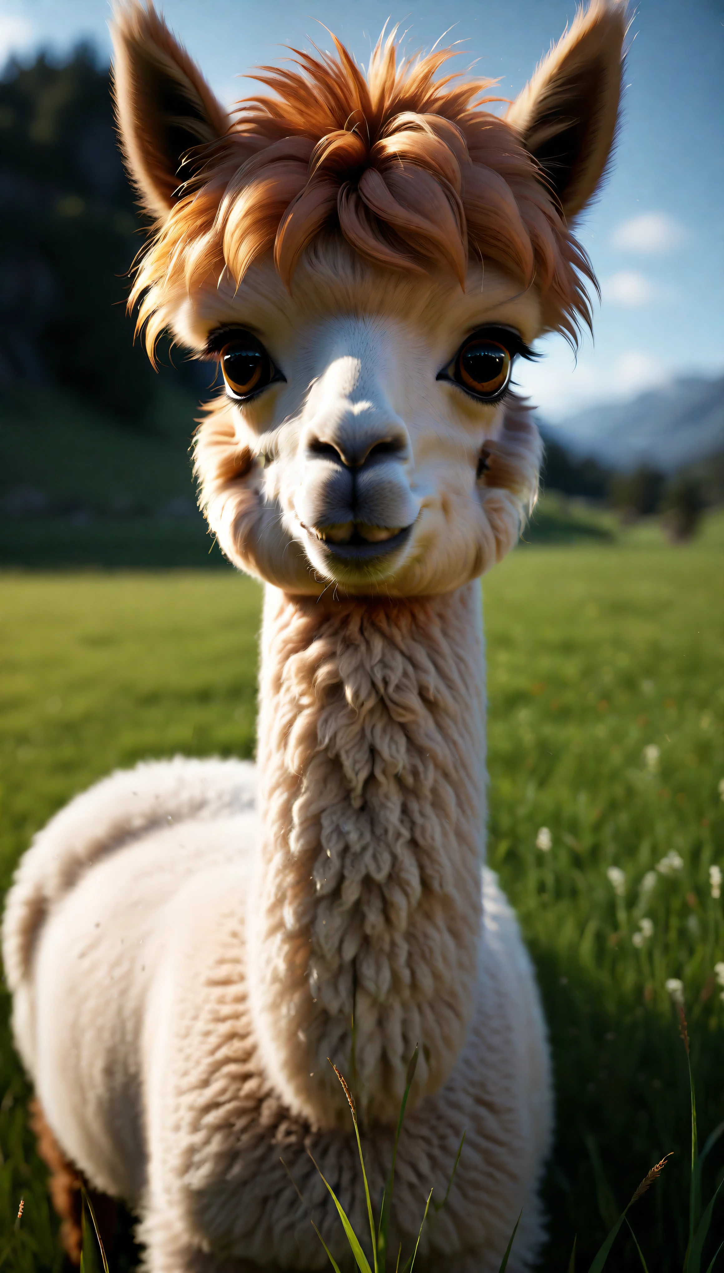 ((Masterpiece in maximum 16K resolution):1.6),((soft_color_photograpy:)1.5), ((Ultra-Detailed):1.4),((Movie-like still images and dynamic angles):1.3). | (Macro shot cinematic photo of exotic Alpaca in a grass field), (an Alpaca), (focus on the Alpaca), (macro lens), (exotic animal), (cute), (delightful atmosphere), (aesthetic photography style), (visual experience),(Realism), (Realistic),award-winning graphics, dark shot, film grain, extremely detailed, Digital Art, rtx, Unreal Engine, scene concept anti glare effect, All captured with sharp focus. | Rendered in ultra-high definition with UHD and retina quality, this masterpiece ensures anatomical correctness and textured skin with super detail. With a focus on high quality and accuracy, this award-winning portrayal captures every nuance in stunning 16k resolution, immersing viewers in its lifelike depiction. | ((perfect_composition, perfect_design, perfect_layout, perfect_detail, ultra_detailed)), ((enhance_all, fix_everything)), More Detail, Enhance.