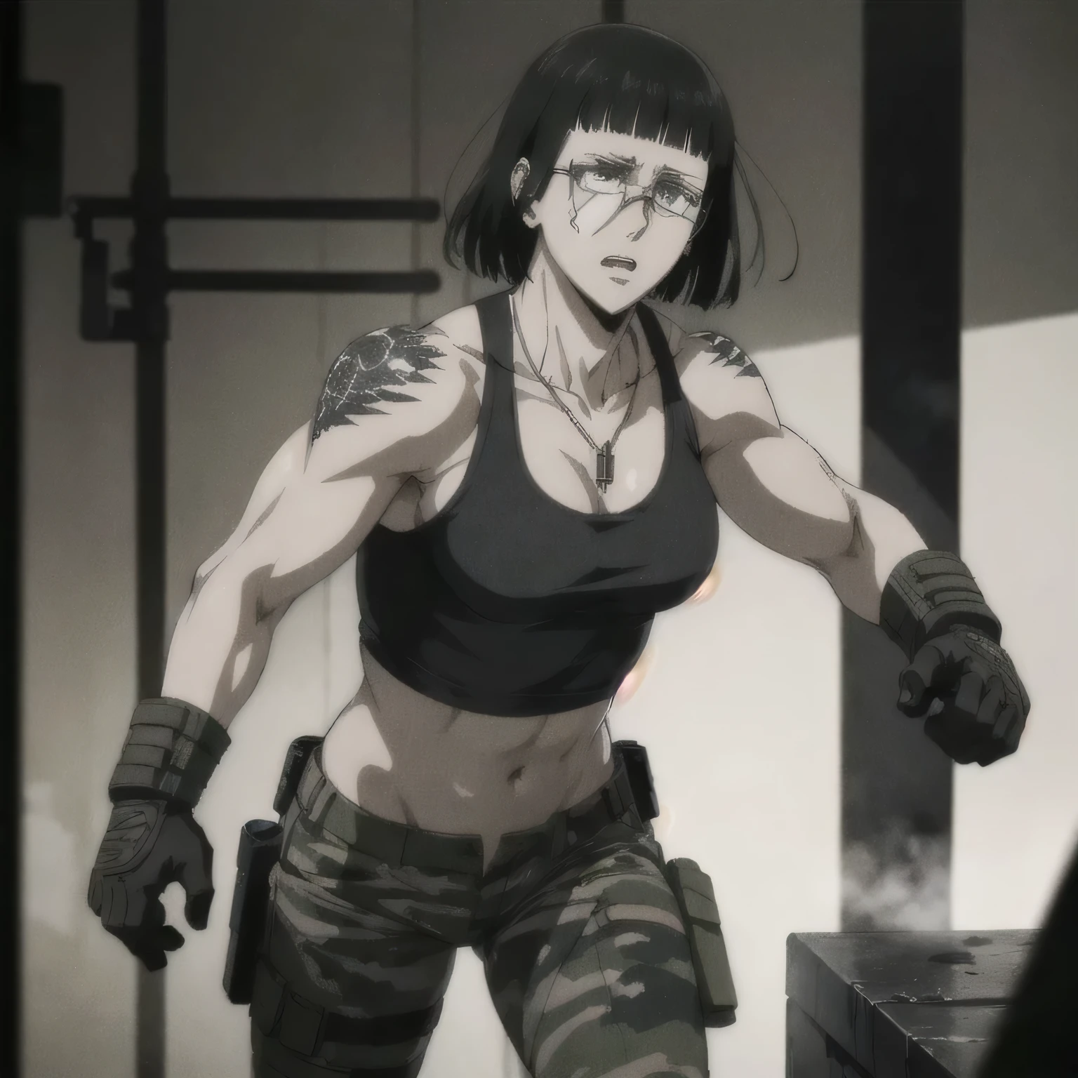 (best quality,ultra-detailed,realistic:1.37),musclaur badass girl wearing black sport bra and Camouflage combat trousers, full review of the female character's face and body, intense expression, strong and confident posture, studio lighting, vivid colors, physiologically-based rendering, grungy texture, rugged background, dust particles in the air, commanding presence, professional, powerful, gritty aesthetics,,Valmet،short hair,necklace,tattoos,Erect reproductive organ inside combat trousers